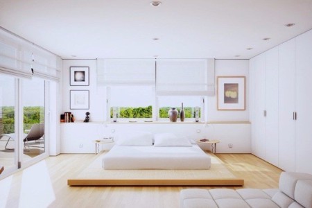 Sự kết hợp hài hòa giữa ánh sáng và gam màu trắng tinh khiết cho phòng ngủ tinh tế