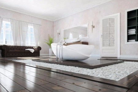 Những mẫu thiết kế phòng tắm gần gũi với thiên nhiên bằng cách sử dụng cây xanh, hoa, nến và sàn gỗ tự nhiên.