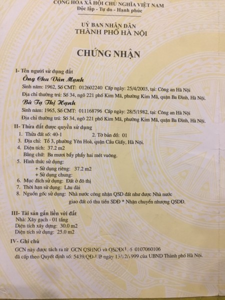 Chính chủ bán nhà số 31 ngách 40 ngõ 79 Yên Hòa, Cầu Giấy