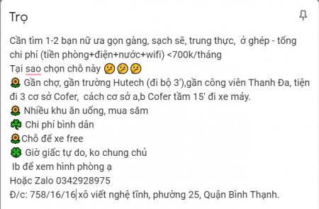 Tìm Nữ ở Ghép_Quận Bình Thạnh_ Tổng chi phí