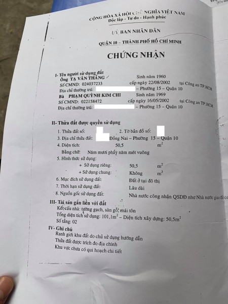 Bán nhà Đồng Nai, phường 15, Quận 10 giá rẻ rộng 51m2 chỉ 5,4 Tỷ. 15m là mặt tiền.