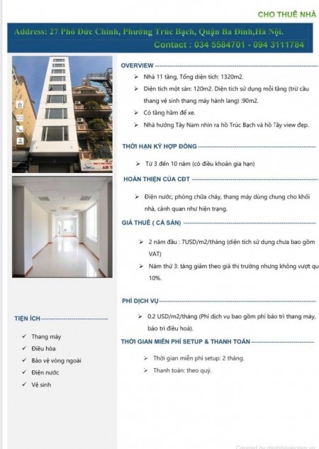Cho thuê nhà 11 tầng , tổng dt 1320m2, dt 1 sàn 120m2, diện tích sử dụng mỗi tầng trừ cầu thàng 90m2 +Có tầng hầm để xe