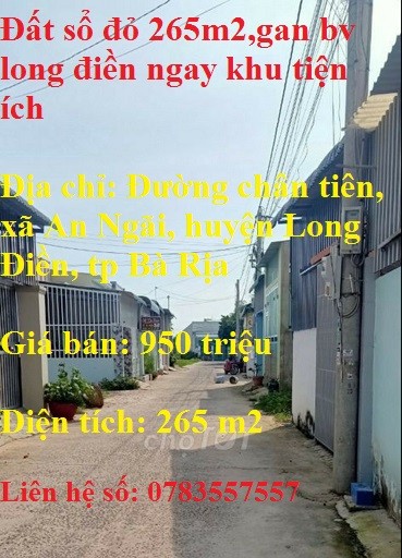 Đất sổ đỏ 265m2,gan bv long điền ngay khu tiện ích