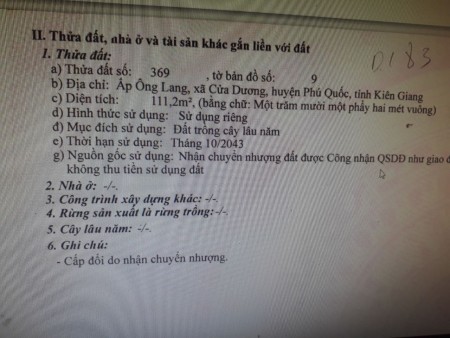 ĐẤT ÔNG LANG PHÚ QUỐC GIÁ TỐT TIỀM NĂNG SỔ ĐỎ CHíINH CHỦ
