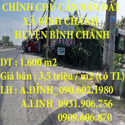 CHÍNH CHỦ CẦN BÁN ĐẤT Ở XÃ BÌNH CHÁNH HUYỆN BÌNH CHÁNH TP HCM