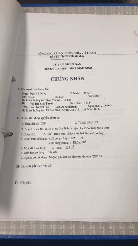 Bán đất tại xóm 9, Gia Sinh, Gia Viễn, Ninh Bình ( đường Anh Trỗi )
