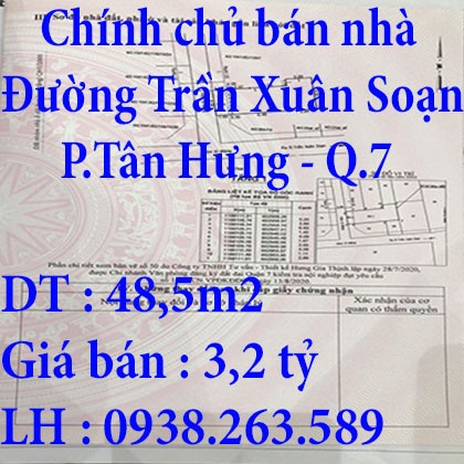 Chính chủ bán nhà hẻm 1041/62 Đường Trần Xuân Soạn, Phường Tân Hưng, Quận 7,TPHCM