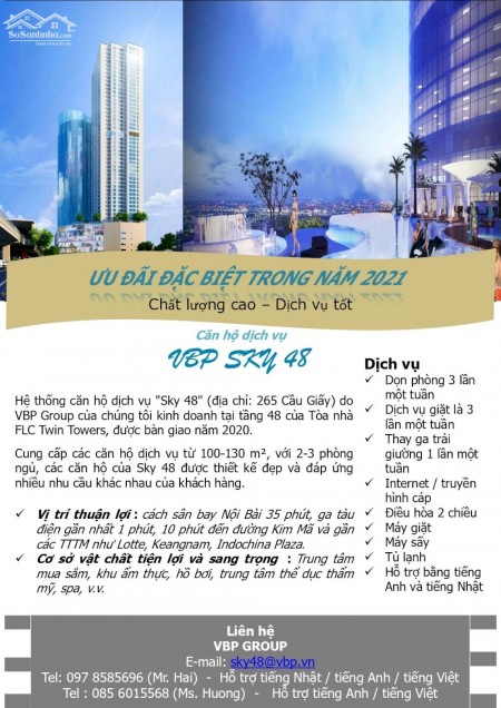 Cho thuê căn hộ tại tầng 48 Chung cư FLC Twin Tower, 265 Cầu Giấy, Quận Cầu Giấy, Hà Nội