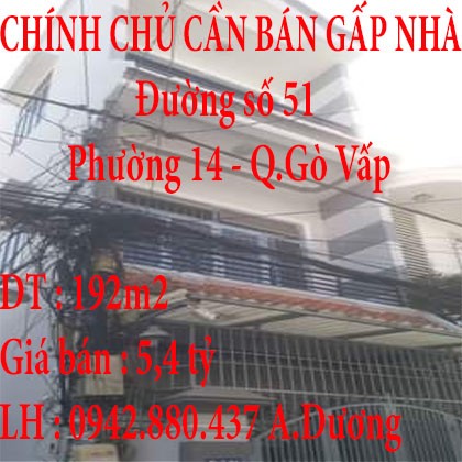 CHÍNH CHỦ CẦN BÁN GẤP NHÀ Ở PHƯỜNG 14 – QUẬN GÒ VẤP GIÁ TỐT NHẤT KHU VỰC