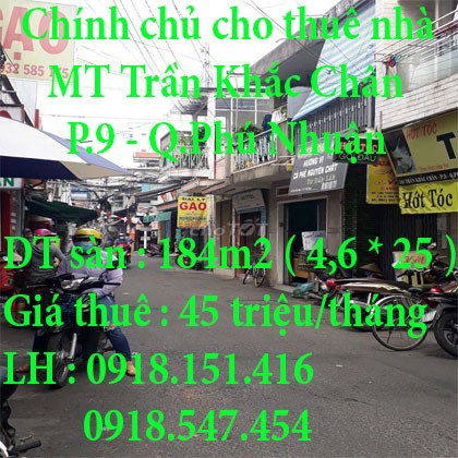 Chính chủ cho thuê nhà MT Trần Khắc Chân, Phường 9, Quận Phú Nhuận