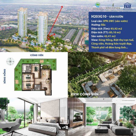 Độc quyền căn Garden Villas Haven Park 3 phòng ngủ, ban công sân vườn hoàn thiện rộng 42.41m2