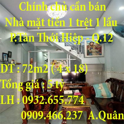 Chính chủ cần bán nhà mặt tiền Tân Thới Hiệp Quận 12, nguyên căn 2 tầng đúc