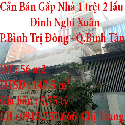 Cần Bán Gấp Nhà 1 trệt 2 lầu có diện tích 56 m2 nằm ở Phường Bình Trị Đông, Quận Bình Tân, Tp Hồ Chí Minh