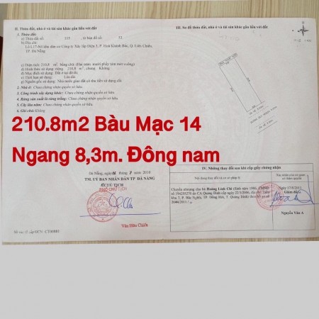 Cần bán lô đất 210m2 đường Bàu Mạc 14 ngang 8,3m gần biển Nguyễn Tất Thành, Đà Nẵng