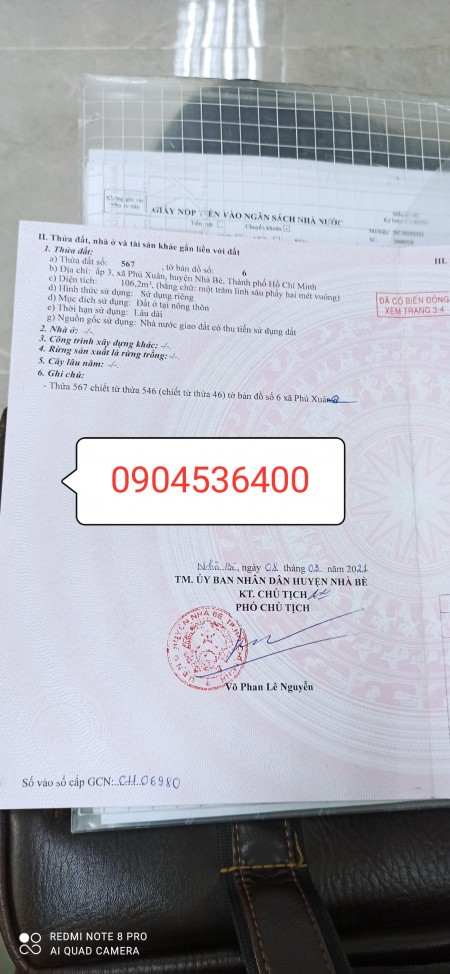 Bán đất Mặt tiền 2302 Huỳnh Tấn Phát 5x20 nở hậu 7m giá 40tr/m2 hẻm 8m Đông Nam