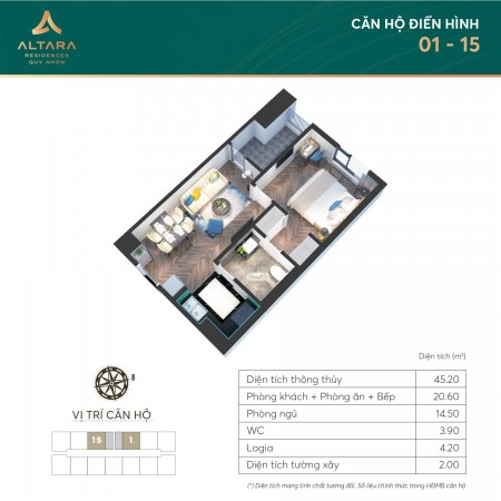 Bán căn hộ 1 pn, Altara Residences diện tích 45m2, full nội thất, tầng 18, giá 1.5 tỷ