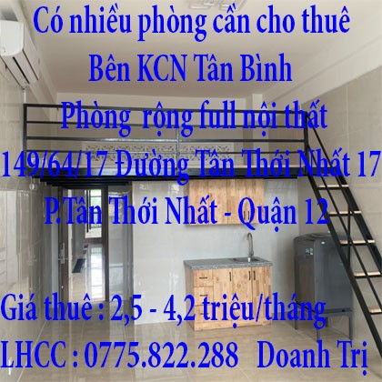 Có nhiều phòng cần cho thuê bên khu Công Nghiệp Tân Bình phòng rộng full nội thất