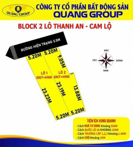 Chủ đầu tư mở bán 2 lô đất tiềm năng thanh an cam lộ, hàng chuẩn pháp lí, lhcc