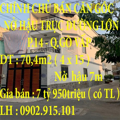 Chính chủ cần bán căn góc nở hậu trục đường lớn, phường 14, Gò Vấp