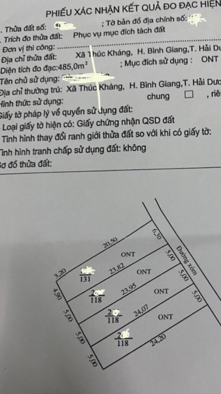 Bán đất xã Thúc Kháng huyện Bình Giang tỉnh Hải Dương, liên hệ 0989387777