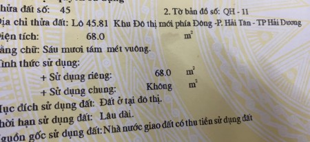 Bán đất mặt đường Đinh Tiên Hoàng, TP HD, dt 68m2, mt 4m, đường 21.5m, giá cực tốt