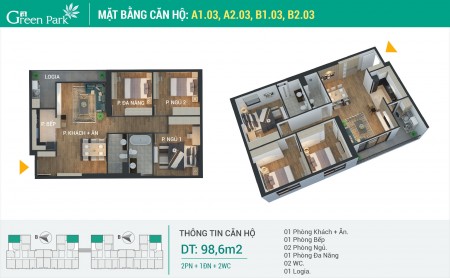 Chính chủ bán căn hộ với 3 phòng ngủ dtsd 99m2 dự án Phương Đông Green Park