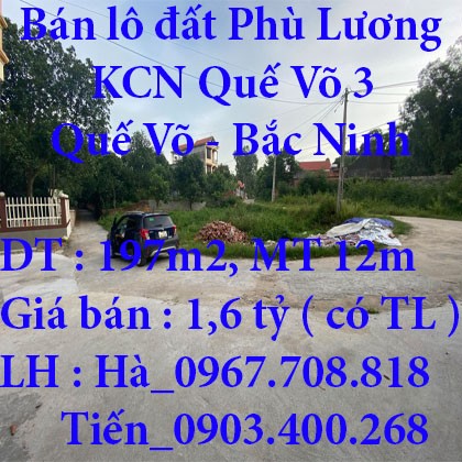 Bán lô đất diện tích sử dụng 197m2, mặt tiền 12m, Quế Võ, Bắc Ninh giá bán chỉ 1,6 tỷ