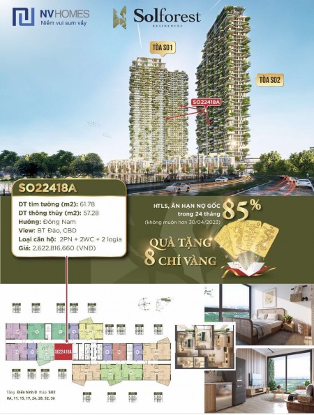 Bán căn hộ 2 pn 2 wc lô gia, dtsd 57m2, chiết. khấu 8 chỉ vàng, view biệt thự đảo