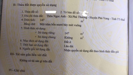 Đất diện tích sử dụng 147m2 đường 19,5m khu quy hoạch Ngọc Anh, thành phố Huế