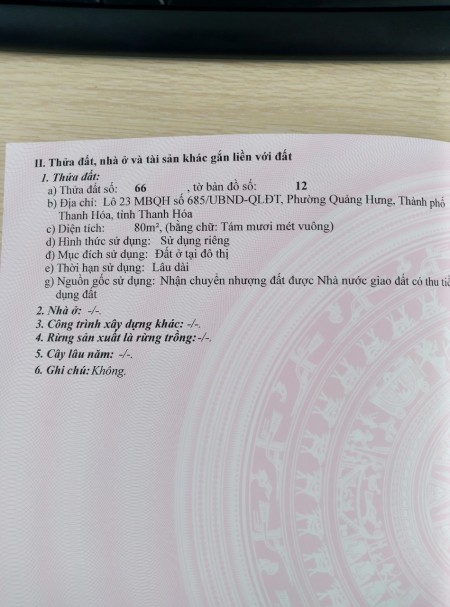 Gia đình cần bán lô đất ngay đường Trần Bình trọng phường Quảng Hưng TP Thanh Hóa