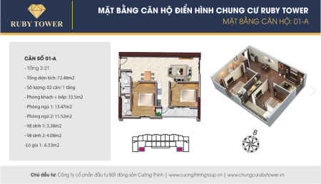 Chung cư Ruby Tower Thanh Hóa diện tích sử dụng 72m² 2PN đầy đủ nội thất thiết bị