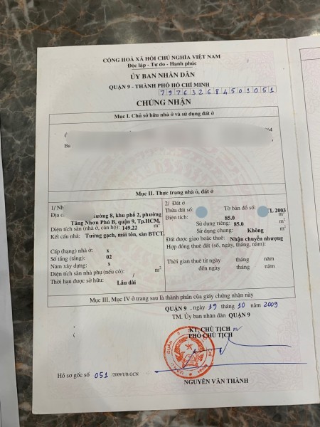 Bán 95m2 đất tặng nhà 1 trệt 1 lầu kiên cố Hoàn công, phường Tăng Nhơn Phú B, giá 5,2 tỷ