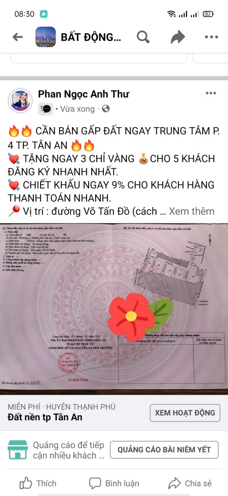 Đất nền thành phố Tân An phường 4 quy hoạch thổ cư, chỉ từ 970 triệu/nền lh 0365853239