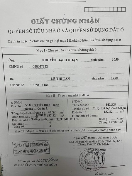 Chính chủ bán nhà chung cư trung tâm Quận 5, sổ chính hồng chính chủ dtsd 62m2, lhcc