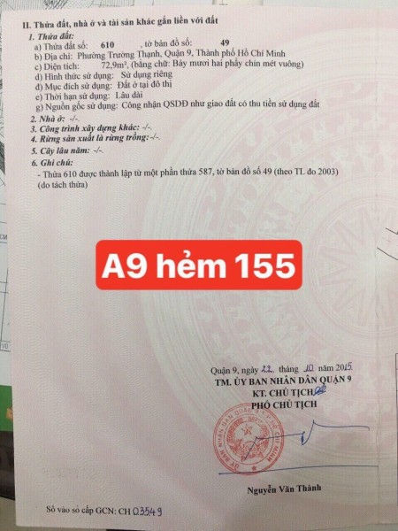 Bán đất phường Trường Thạnh, Q9, Tp.HCM