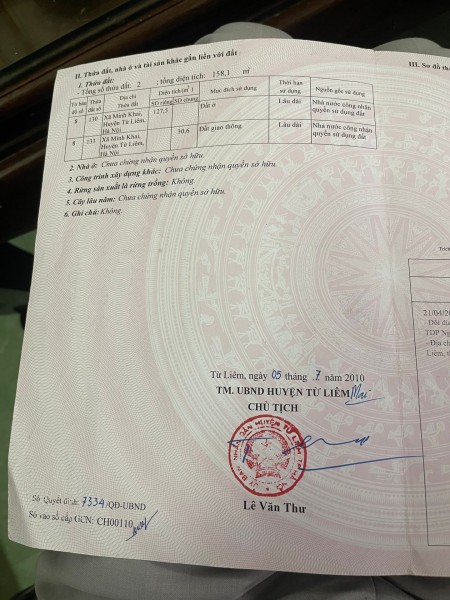 Chính chủ bán gấp lô đất diện tích sử dụng 127m2 đất làng Nguyên Xã, Bắc Từ Liêm