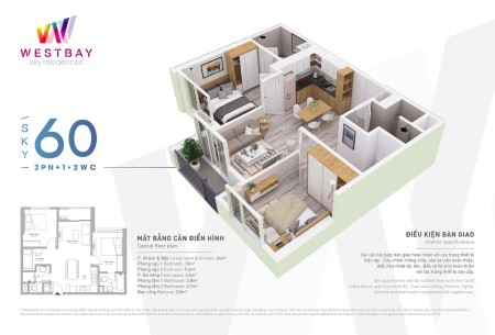 Bán căn hộ diện tích sử dụng 60m2 đủ đồ tòa Westbay, giá: 2,4 tỷ bao phí Liên hệ ngay