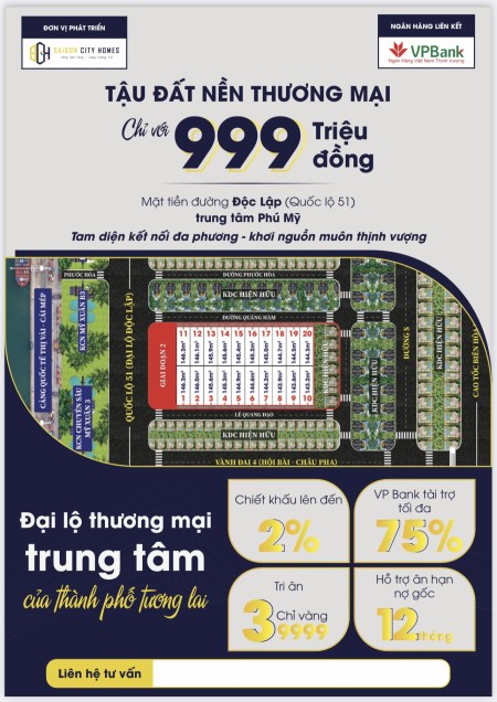 Bán đất nền có sổ 3 mặt tiền đường Quốc Lộ 51m, Phú Mỹ Bà Rịa Vũng Tàu