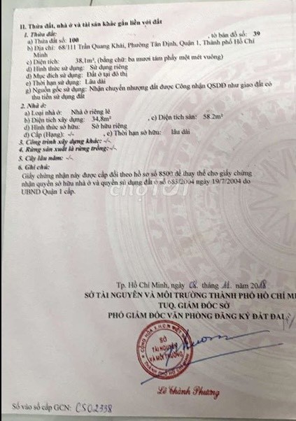 Chính chủ cần bán gấp giá tốt nhà hẻm 68 Trần Quang Khải P Tân Định Quận 1