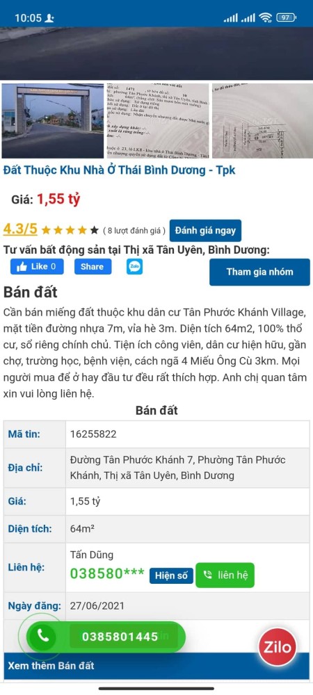 Đất sổ riêng có thổ cư gần trường, chợ Tân Phước Khánh, Tân Uyên