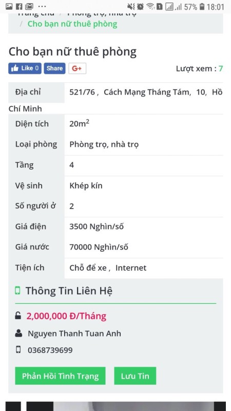 Cho nữ thuê phòng trọ liên hệ chị linh 0368739699 giá 2 triệu/tháng