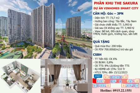 Cần bán nhanh CH ngay góc 3PN với giá đầu tư tại Vinhomes Smart City