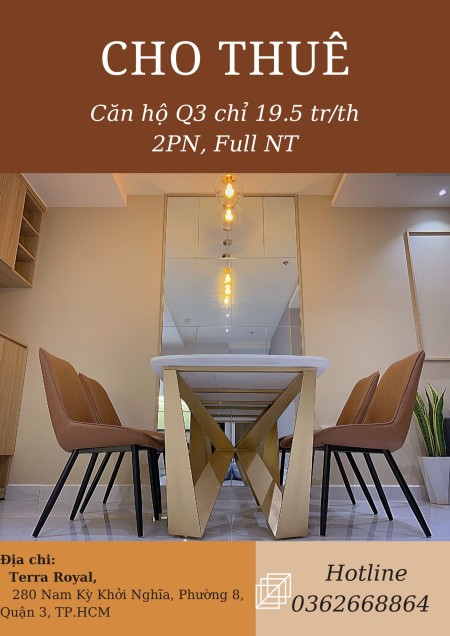 Chung cư 2PN, Terrra Quận 3, full nội thất giá tốt, cho thuê 19.5tr/th