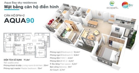 Bán căn hộ tòa Sky Aquabay hướng Đông Nam DT 90m² 3 PN + 2 WC thoáng mát giá 3,5 tỷ đồng