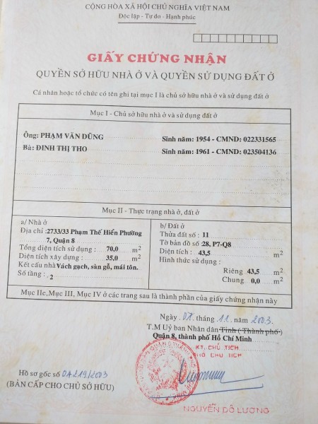 Bán nhà chính chủ hẻm số 2733/33 Phạm Thế Hiển phường 7, quận 8 DT 43,5m² giá chỉ 3 tỷ