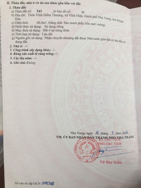 Cần bán gấp lô đất xã Vĩnh Hiệp- Nha Trang giá rẻ full thổ cư