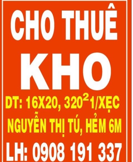 Cho thuê kho xưởng hẻm 6m Nguyễn Thị Tú Bình Tân, TDT 320m².