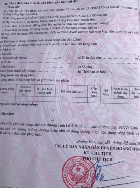Chuyển nhượng khu đất thương mại dịch vụ mặt đường tỉnh lộ 510 xã Hoằng Đồng - Hoằng Hoá