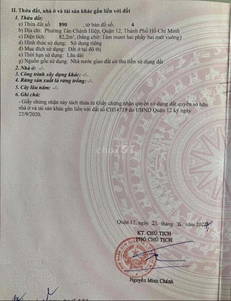 Bán đất thổ cư mặt tiền chợ Tân Chánh Hiệp 3 Quận 12 lh 0888781789