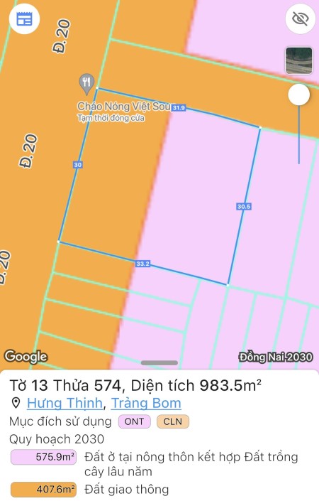Đất MT đường 20 Hưng Thịnh Trảng Bom 990m2 giá 3.9 tỷ